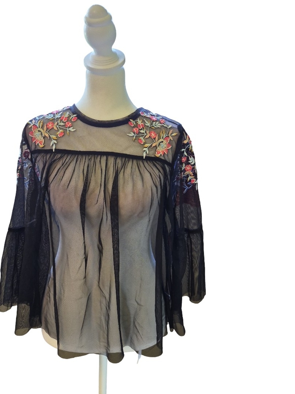 Arizona Embroidered Sheer Black Mesh Blouse with Floral Accents